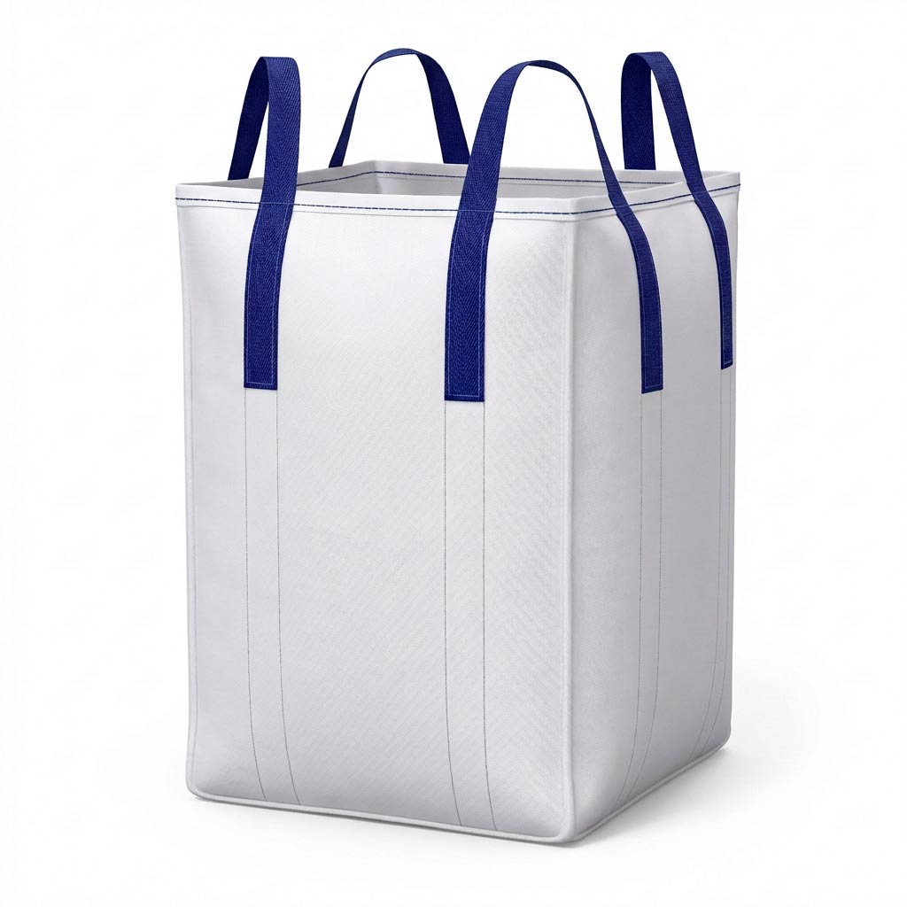Big bag cross corner circular de polipropileno con asas en los laterales para transporte y almacenamiento de productos a granel.