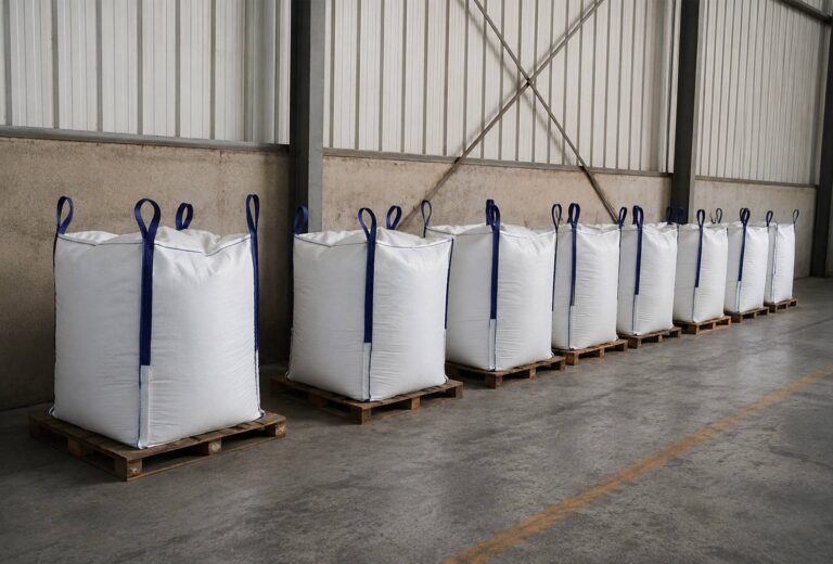 Big bags industriales sobre palets en almacén, preparados para el almacenamiento y transporte de productos a granel.