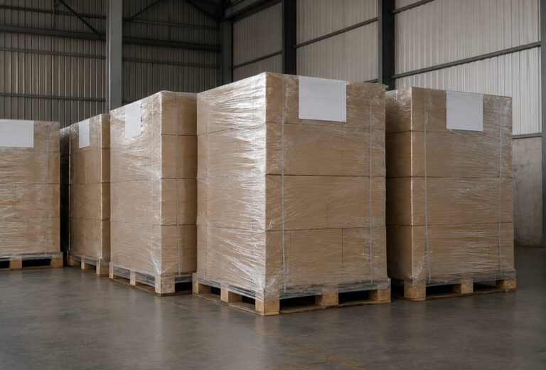 Palets con cajas enfardadas con film estirable en almacén, preparados para almacenamiento y transporte en procesos de embalaje industrial.