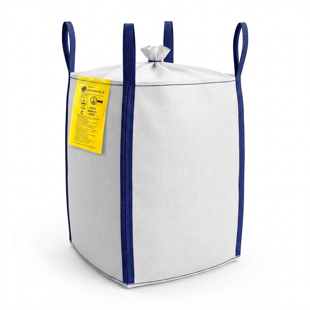 Big bag conductivo tipo C de polipropileno con asas reforzadas para transporte seguro de productos a granel en entornos ATEX.