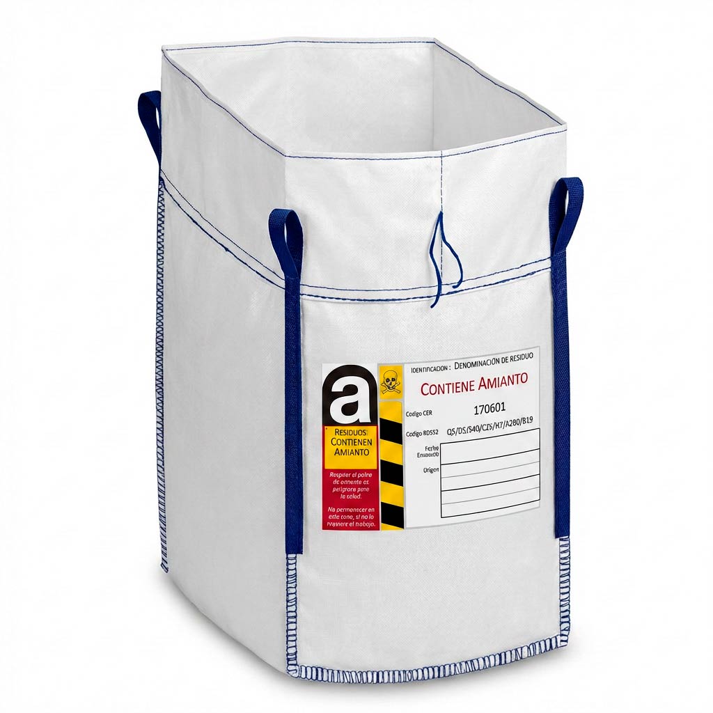 Big bag para amianto con etiqueta de residuos peligrosos, diseñado para embalaje industrial y gestión segura de residuos.