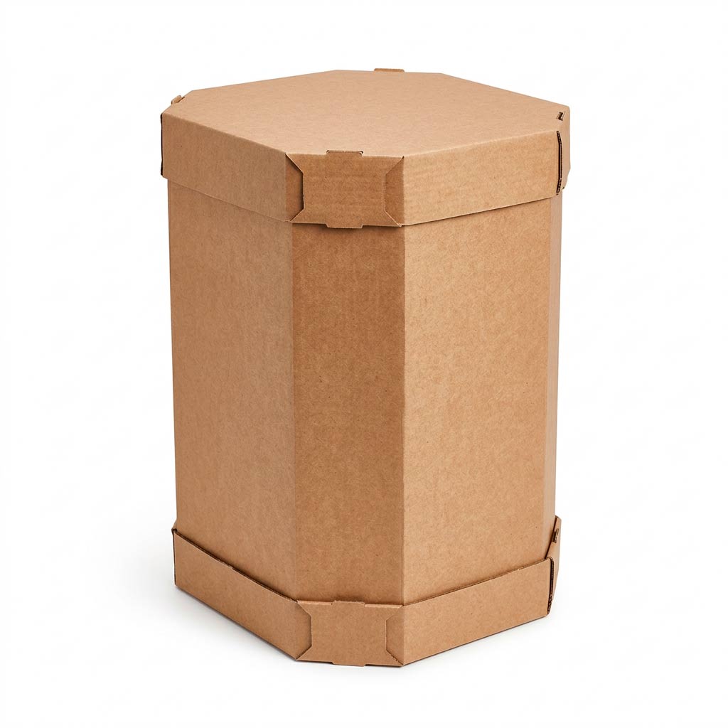 Caja octogonal de cartón kraft para embalaje industrial y protección de productos durante transporte y almacenamiento.