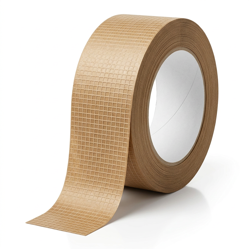Cinta adhesiva de papel kraft reforzado para embalaje industrial, diseñada para el cierre seguro de cajas pesadas y exigentes.