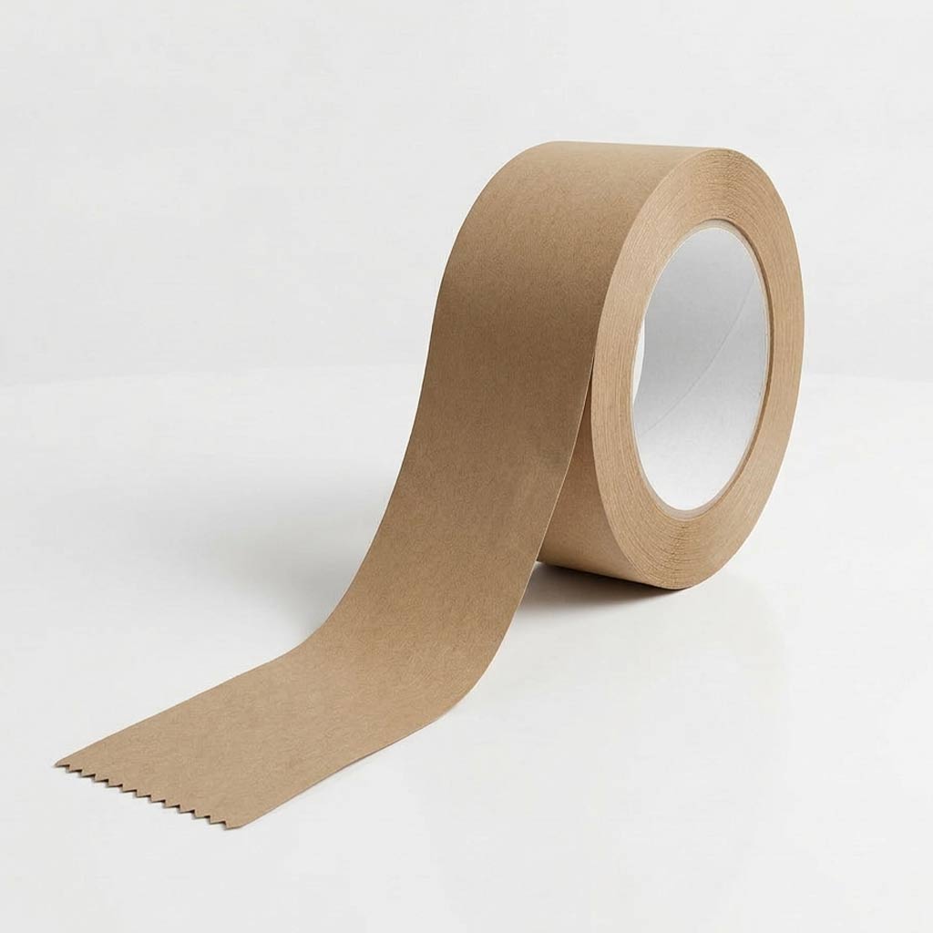 Cinta adhesiva de papel kraft para embalaje industrial, reciclable y diseñada para el cierre ecológico de cajas y paquetes.