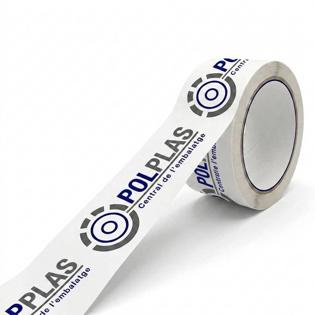 Cinta adhesiva impresa personalizada para embalaje industrial con logotipo corporativo, diseñada para cerrar cajas y reforzar la imagen de marca.